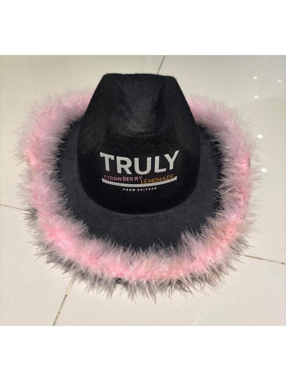 Truly Strawberry Lemonade Hard Seltzer Black Fedora Hat with Pink Feather Trim
